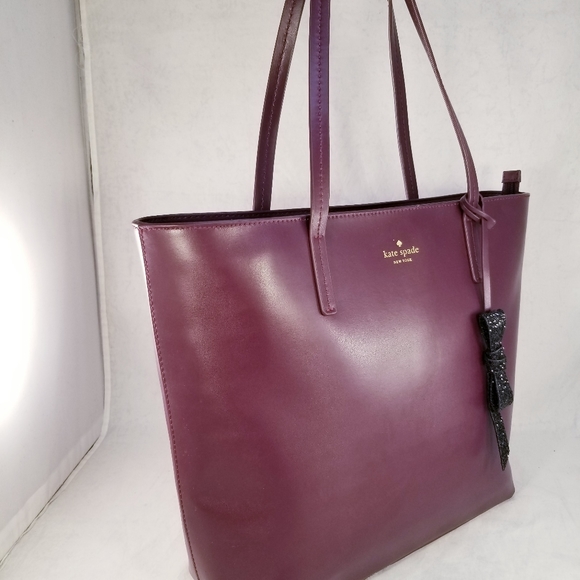 KATE SPADE NEW YORK MAROON TOTE SHOULDER BAG PURSE LEATHER LARGE BOW EUC - Picture 12 of 13